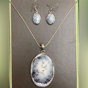 LARGE VINTAGE STERLING SILVER DENDRITIC MOSS AGATE PENDANT, NECKLACE & EARRINGS